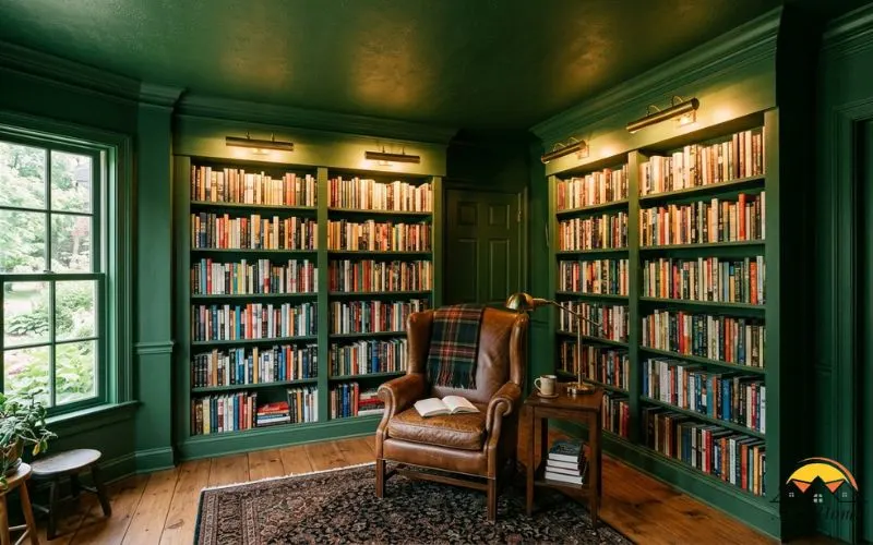 Realistic wide-angle photograph of a small home library where walls, trim, and ceiling are all painted the same deep forest green (color-drenched), warm brass picture lights washing the ceiling, tall bookshelves, a leather wingback chair,