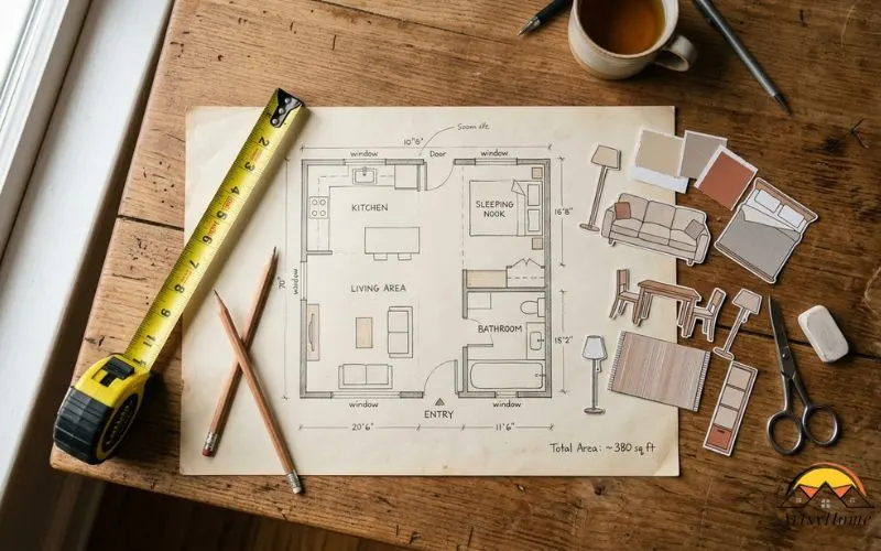 photograph of a studio apartment floor plan sketch on paper next to a tape measure, a pencil, and a small scale model or swatches of furniture cutouts arranged on a table