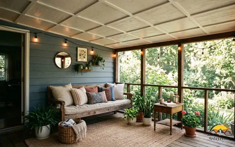 a simple cushioned bench with pillows, a jute rug, string lights, and potted plants. Soft daylight, approachable and charming, tidy DIY finish.