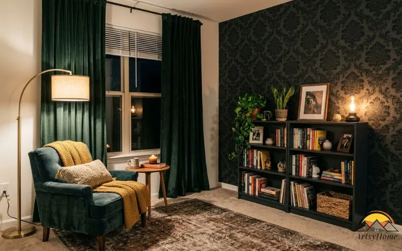 Realistic photograph of a rented apartment room transformed without paint: peel-and-stick dark damask wallpaper as a feature wall, a freestanding dark-painted IKEA-style bookshelf not attached to the wall