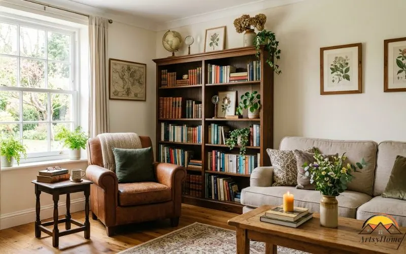 Realistic photograph of a bright, airy light academia living room: warm off-white walls, mid-oak flooring, a leather armchair and dark wood bookshelf as accents