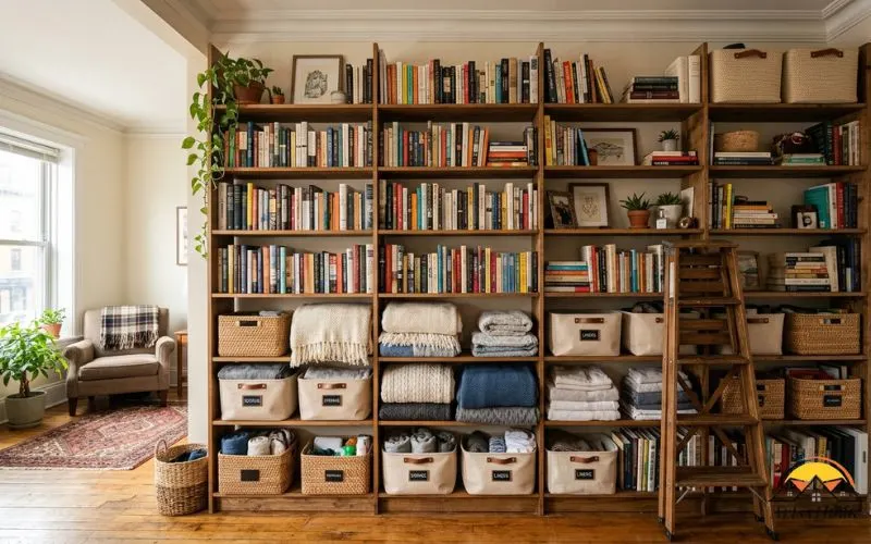 Interior photograph of a floor-to-ceiling bookshelf storage wall in a small apartment, neatly organized with baskets, folded textiles, and books, a small step stool leaning against it