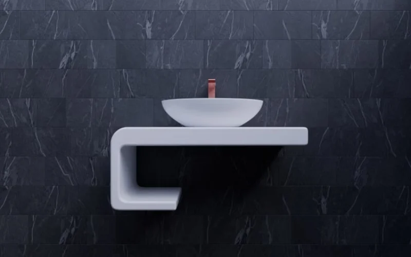 Minimalist white floating bathroom vanity and sink.