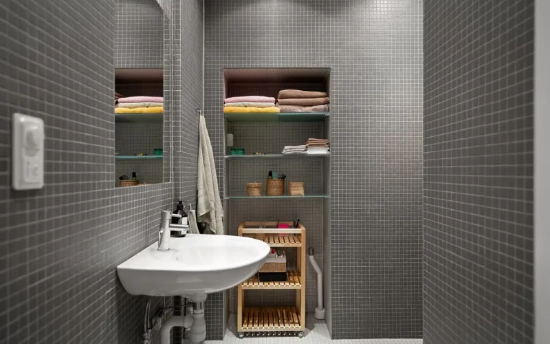 Grey mosaic tile bathroom with wall-mounted sink and recessed shelves.