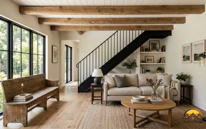 A modern farmhouse living space that clearly shows the blend of old and new: exposed natural wood ceiling beams paired with clean-lined modern furniture