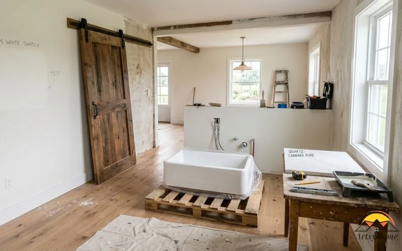 A partially-renovated modern farmhouse room in progress: a painter's warm white swatch on the wall, a new farmhouse sink sitting ready for install