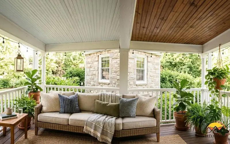Warm lifestyle photograph of a decorated porch where two ceiling treatments meet overhead, shot from below at a natural angle. 