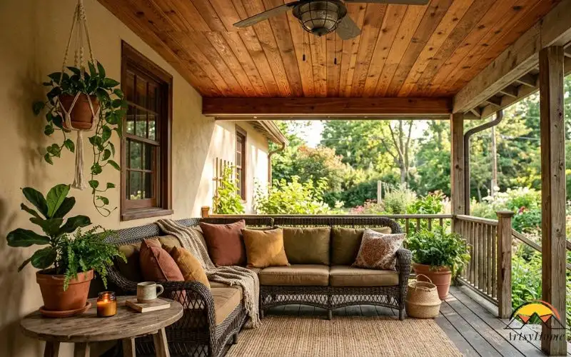 lifestyle photograph of an inviting covered porch, ceiling clearly in view overhead in warm reddish-brown cedar tongue-and-groove, the wood grain rich and characterful. Below, a styled seating area with a rattan sofa, earthy cushions, a wooden side table