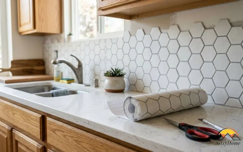 interior photograph of a kitchen backsplash covered in peel-and-stick tile, a roll of the tile material and a pair of scissors resting on the counter nearby
