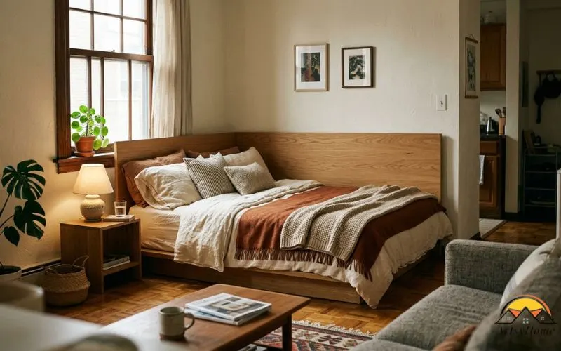 Interior photograph of a studio apartment bed tucked into a corner as far from the entry door as possible, a low-profile platform bed frame with a real headboard, warm bedding
