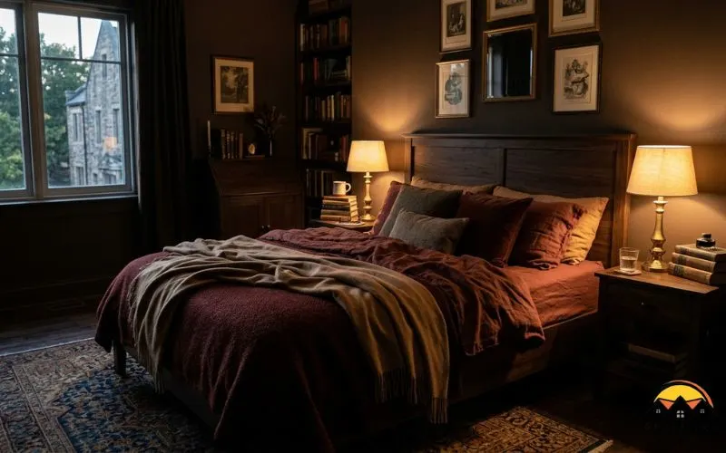 Realistic photograph of a cozy dark academia bedroom: deep warm brown (Urbane Bronze-style) walls, a wood or upholstered headboard, layered linen and wool bedding in oxblood and camel tones, two bedside lamps glowing warm, a small stack of books on the nightstand,