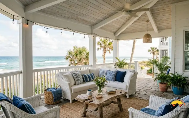 photograph of a breezy coastal covered porch with a pale weather-resistant ceiling overhead, soft sea light. Below, a relaxed seating area with white cushions