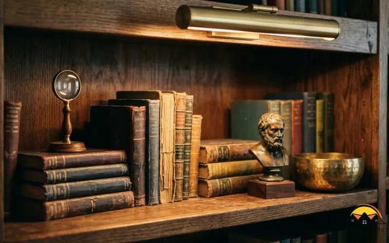 Realistic close-up photograph of a dark wood bookshelf styled with a mix of vertically and horizontally stacked aged hardcover books, small gaps left intentionally, a small bronze bust, a brass bowl, and a stack of books topped with a curio object