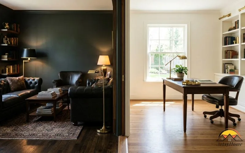Realistic side-by-side interior photograph: left room is dark-moody with deep charcoal-green drenched walls, dark stained wood floor, heavy leather furniture, layered lamp lighting; right room is light-bright with warm off-white walls, mid-oak flooring