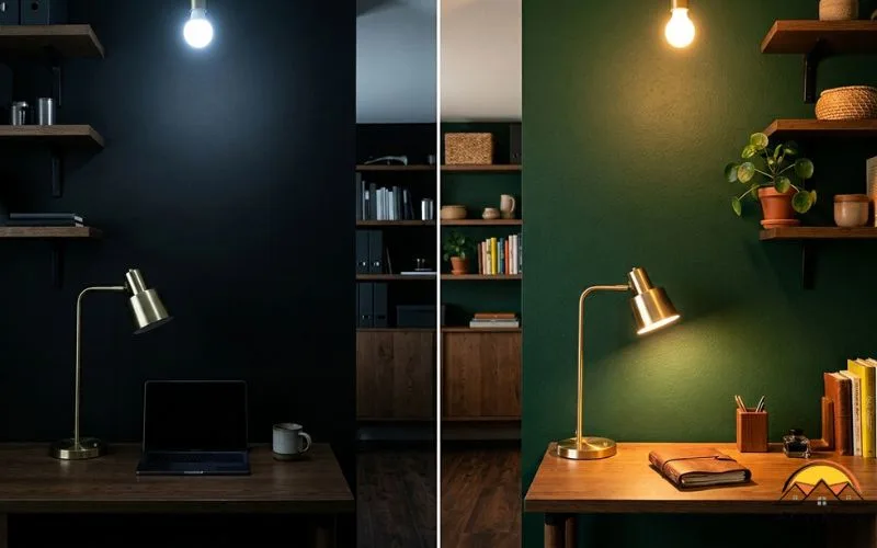 Split-composition realistic photo comparing two studies: left side lit with a cool 5000K bluish bulb showing a flat black wall looking like a void; right side lit with a warm 2700K bulb showing the same wall painted 