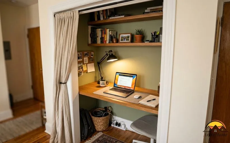 Interior photograph of a small reach-in closet converted into a compact home office, doors removed, a slim desk and shelf built into the space, a curtain partially drawn beside it, laptop and desk lamp on the surface