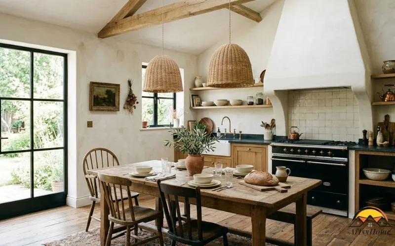A bright European-style modern farmhouse room with limewash plaster walls in warm white, an aged wood dining table, a plaster range hood in the background