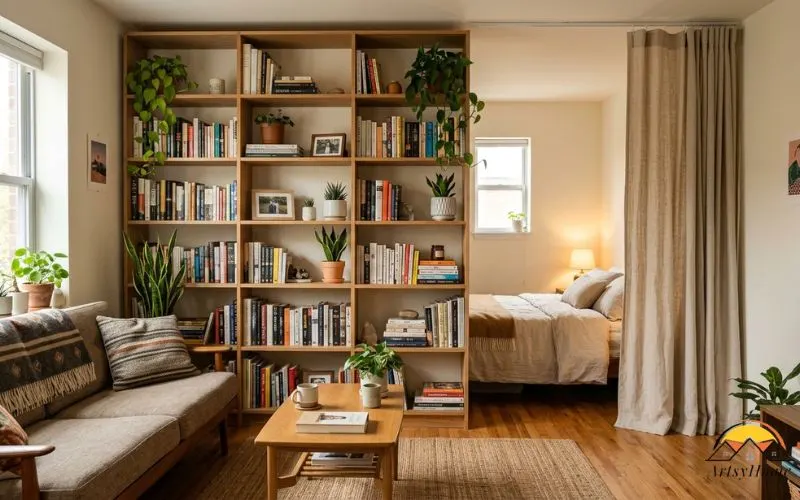 Interior photograph of a studio apartment split into two zones using a tall bookshelf as a room divider, a sleeping nook faintly visible behind it with a linen curtain partially drawn