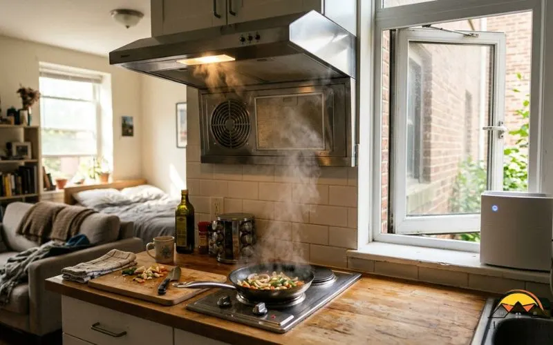  studio apartment kitchenette with the range hood fan running, a window cracked open just beside it