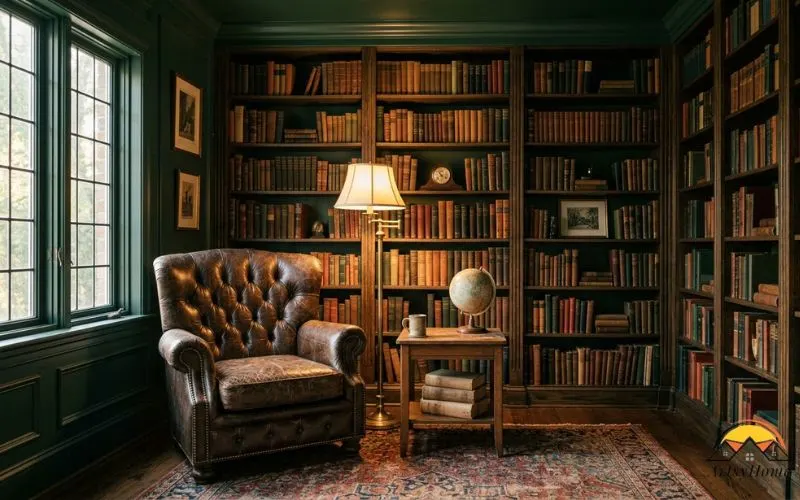 Realistic interior photograph of a dark academia-inspired study/library room, moody and inviting. Deep forest-green color-drenched walls (walls, trim, and ceiling all the same rich green tone), tall dark wood bookshelves packed with worn hardcover books in warm brown, oxblood, and camel tones, a tufted leather Chesterfield armchair with visible aged patina positioned near a tall window, a brass floor lamp glowing warm light beside the chair, a stack of old books and a small globe on a low wood side table
