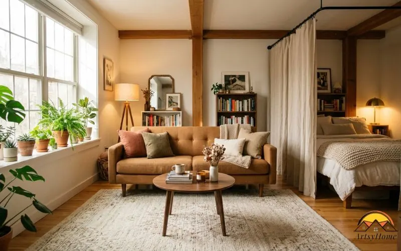 tudio apartment interior, warm afternoon light streaming through a large window, bed tucked into a corner with a linen curtain divider, a mid-century sofa on slim wooden legs facing a floated position in the room