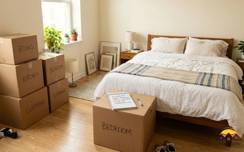 a studio apartment mid-move-in, moving boxes neatly stacked to one side, a bed already assembled and made up, a simple checklist notepad resting on a box nearby