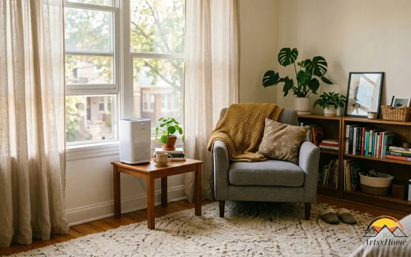 a cozy studio apartment corner with a large area rug and curtains softening the space, a small air purifier running quietly on a side table near a cracked window
