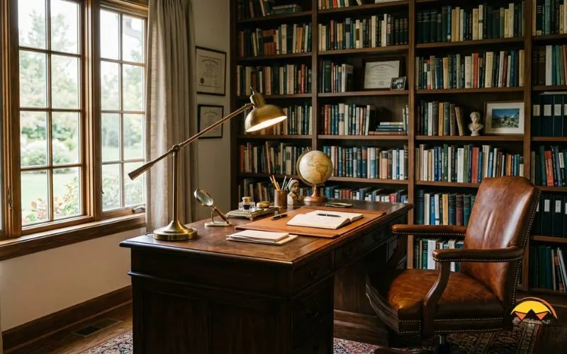 Realistic photograph of a scholarly home office: dark walnut pedestal desk positioned near a window, leather desk chair, a focused brass desk lamp angled onto the writing surface, wall-to-wall bookshelves behind, a small globe and brass items as accents,