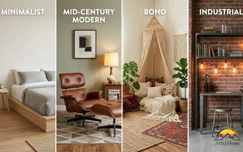 four small vignettes side by side: a low platform bed in pale wood for a minimalist look, a walnut-toned lounge chair for mid-century modern, a corner with layered rugs and a rattan canopy for boho, and a metal shelving unit with exposed bulbs for industrial