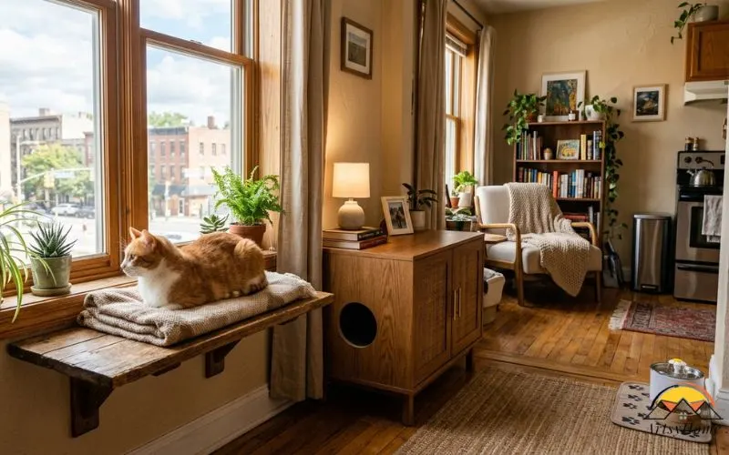 cat perched on a wall-mounted shelf near a window in a small studio apartment, a litter box hidden inside a cabinet styled to look like furniture nearby