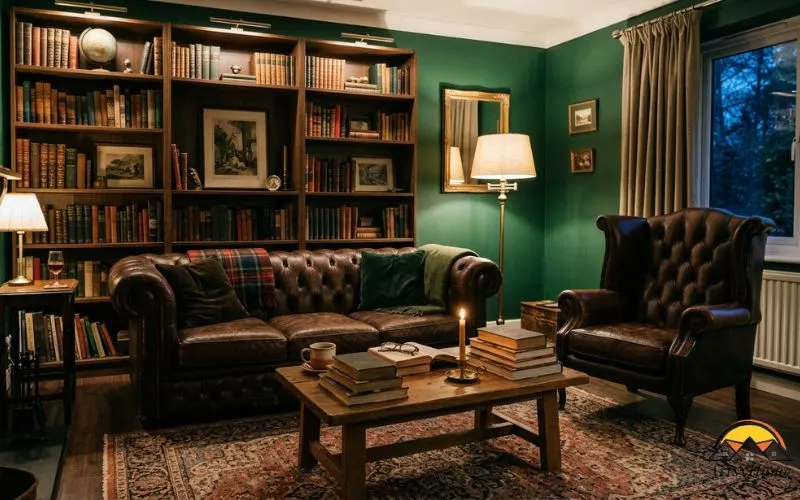 Realistic photograph of a dark academia living room: forest green drenched feature wall, tufted leather sofa and armchair facing each other, worn area rug with furniture legs resting on it, low wood coffee table stacked with hardcover books