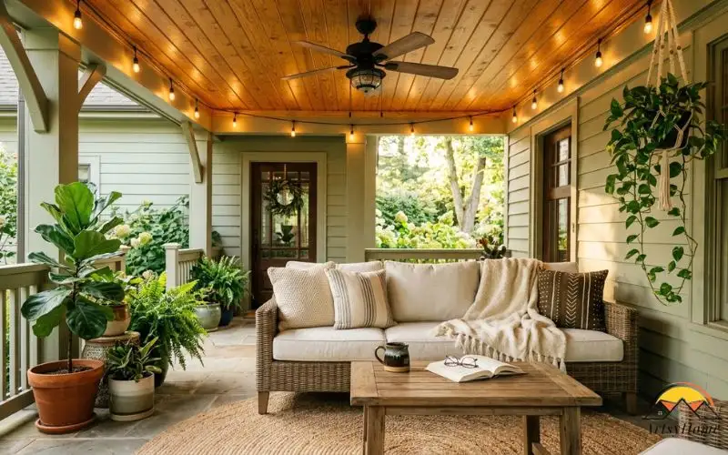 Warm, inviting lifestyle photograph of a beautifully decorated covered front porch, shot from a natural seated eye-level angle that clearly shows both the styled space and the ceiling above.