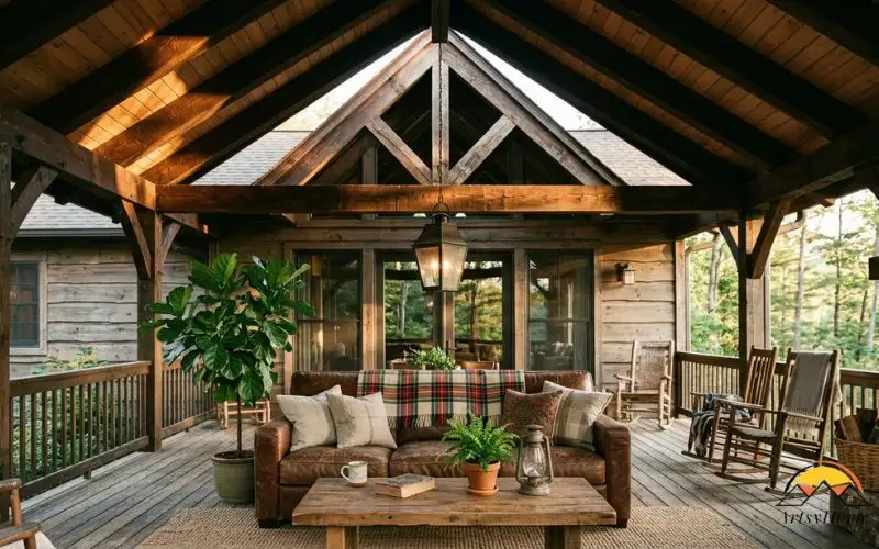 lifestyle photograph of a rustic covered porch with a vaulted ceiling showing exposed dark-stained wood beams and rafters overhead, gable peak visible. Below, a leather sofa with plaid throws, a wooden coffee table