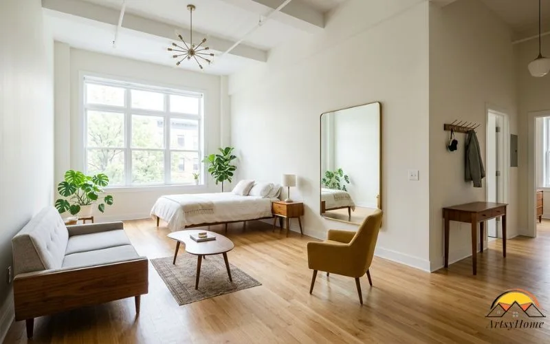 studio apartment interior with leggy mid-century furniture that shows the floor beneath it, one large mirror positioned opposite a window reflecting daylight deep into the room