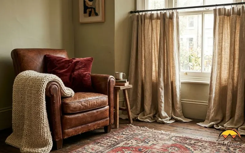Realistic close-to-medium photograph of a living room corner showing rich textile layering: a worn wool rug, a velvet cushion in oxblood
