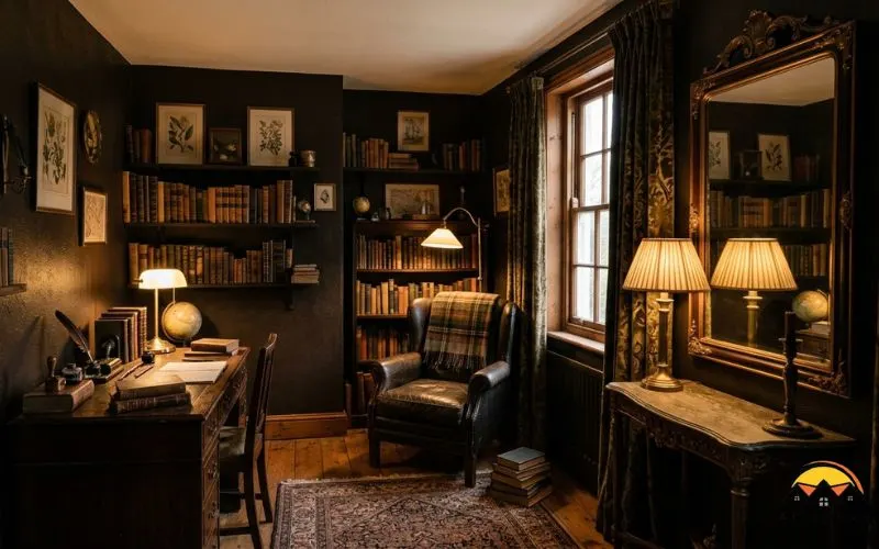 Realistic photograph of a small low-light studio room styled in dark academia tones: warm brown-black walls in eggshell sheen catching soft ambient light, a large antique-style mirror placed beside (not opposite) the window to bounce light