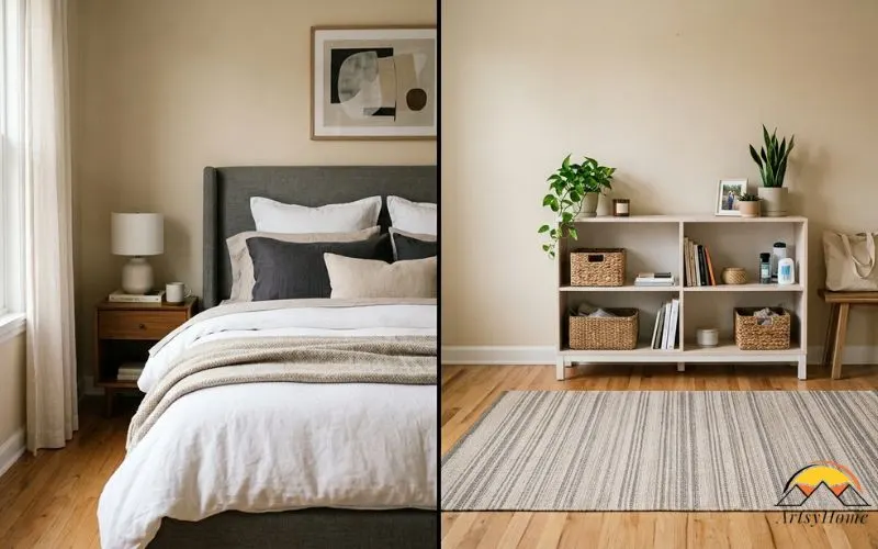 a split composition: on one side a well-made bed with a proper upholstered headboard, on the other a simple flatweave rug and basic shelving