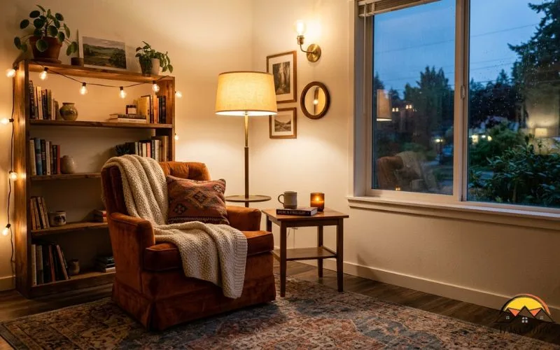Interior photograph of a small living room corner at dusk, warm layered lighting from a floor lamp, a wall sconce, and a string of warm bulbs, one large area rug anchoring the seating area