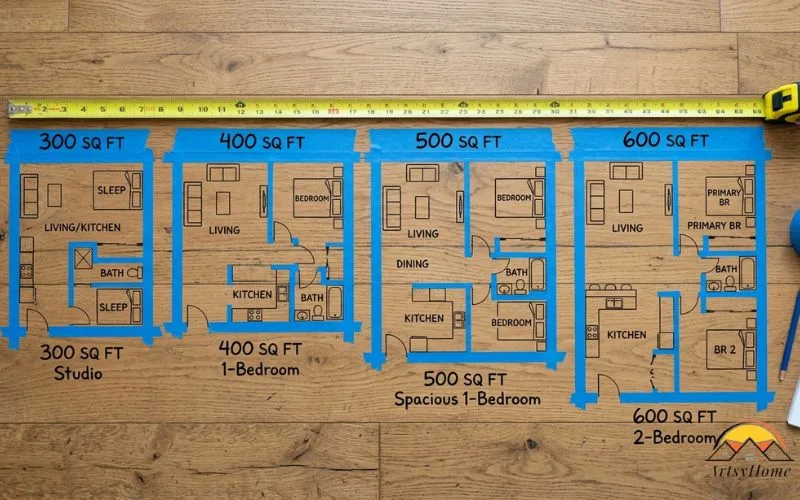flat-lay of four floor plans taped out in painter's tape on a wood floor at different sizes, roughly 300, 400, 500, and 600 square feet, a tape measure resting across them