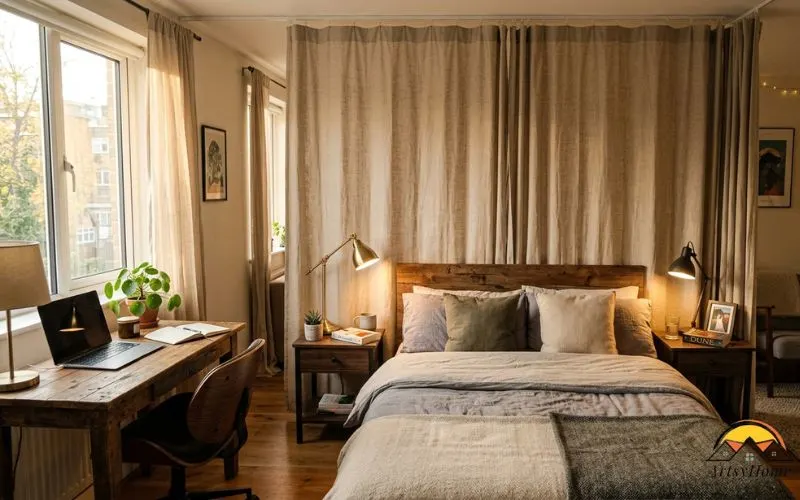 studio apartment split by a curtain, two small reading lights and two nightstands visible on either side of a shared bed, a desk and chair set up in the work zone nearby, warm daylight, realistic photography, suggests two people sharing one room with clearly defined personal space