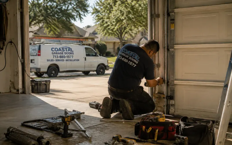 Garage door technician repairing a residential garage door with tools nearby.