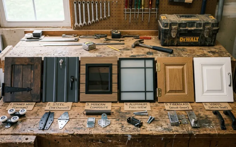 six garage door material samples and hardware arranged on a workbench.