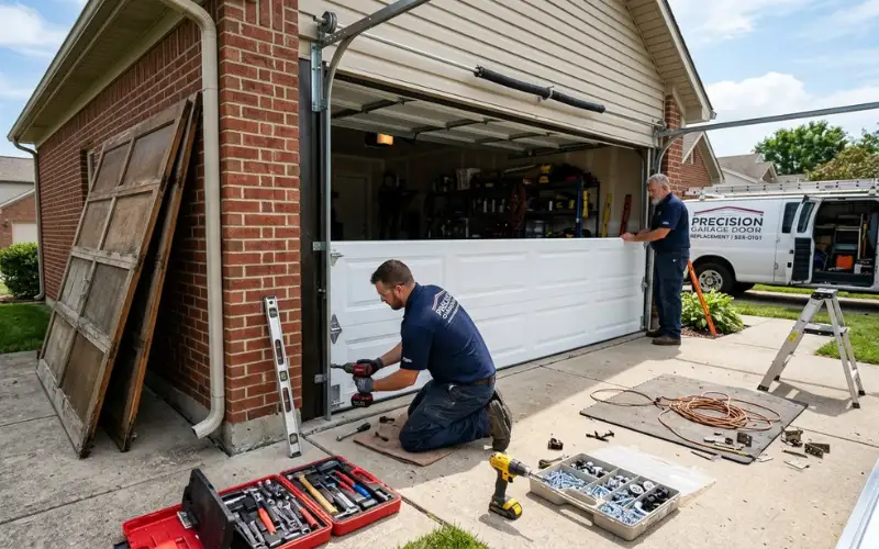 Two technicians installing a residential garage door with tools outside.