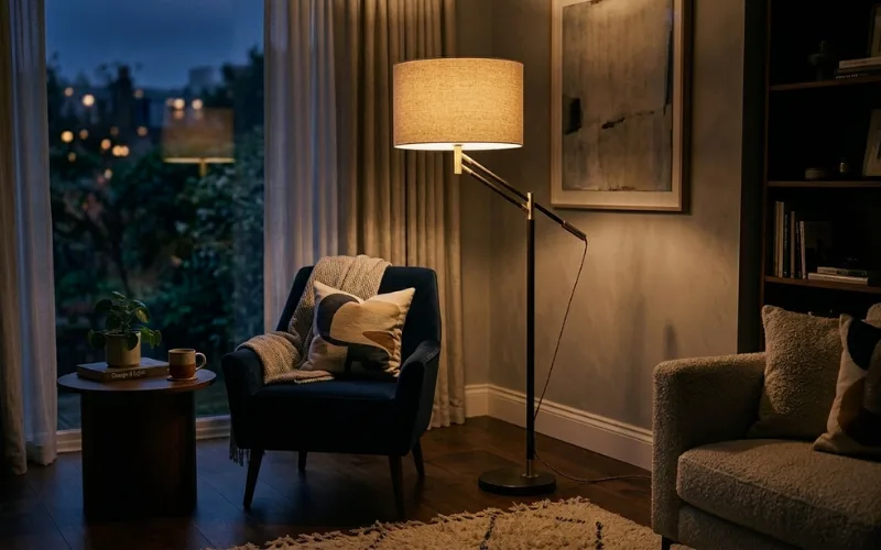 interior featuring a designer floor lamp with metal and fabric finishes.