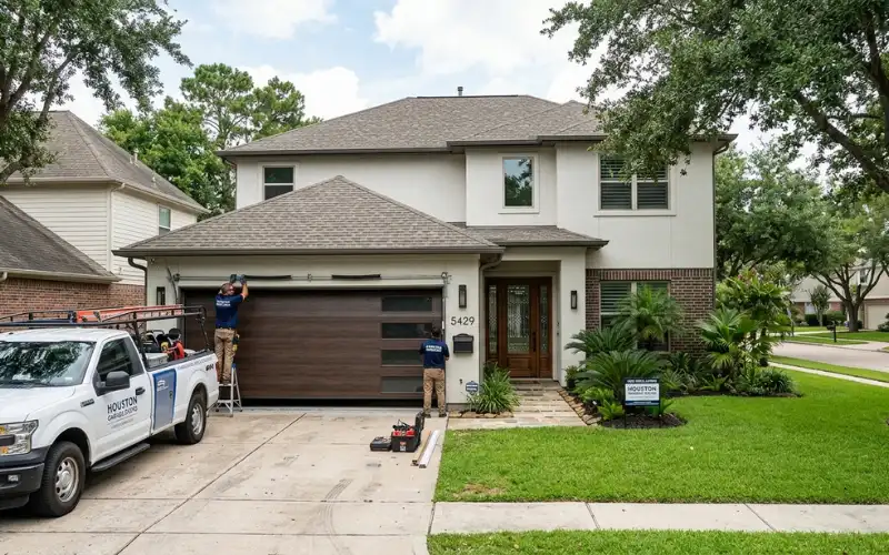 Two garage door workers installing a new garage door at a Houston home.