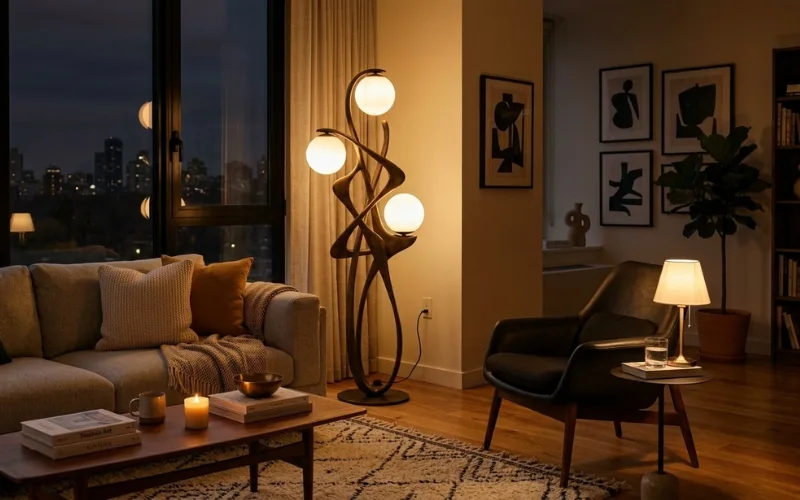 modern interior featuring a sculptural designer floor lamp.