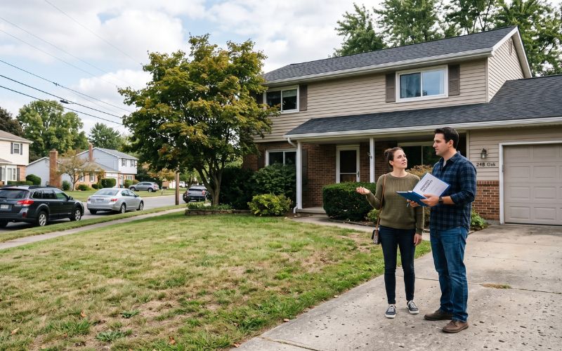 Photorealistic candid photograph of a couple viewing an ordinary American suburban house before purchasing it.