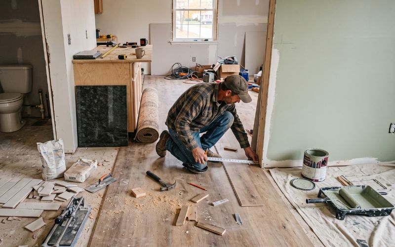 Ultra-realistic documentary photograph inside a real home undergoing renovation,