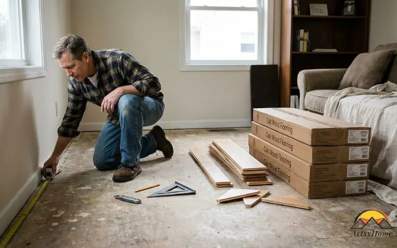 a homeowner preparing to install new flooring in a real living room.

Show the person measuring the floor ne