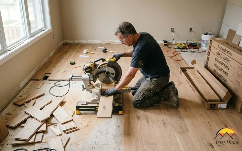 photograph of a flooring installer cutting floor planks during a home renovation